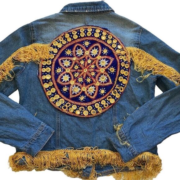 Custom Denim Jean Jacket Shacket Mandala Festival Fringe Embroidered Bohemian Me - Picture 1 of 8